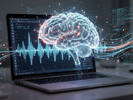 A glowing neural network brain superimposed on a laptop screen showing a voice waveform, with data streams around it. - Foto: über boerse-global.de