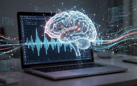 A glowing neural network brain superimposed on a laptop screen showing a voice waveform, with data streams around it. - Foto: über boerse-global.de