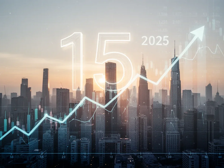 Ein stilisierter, aufwärts gerichteter Liniengraph, der das Wachstum des Aktienmarktes darstellt, mit den Zahlen '15' und '2025'. - Foto: über boerse-global.de