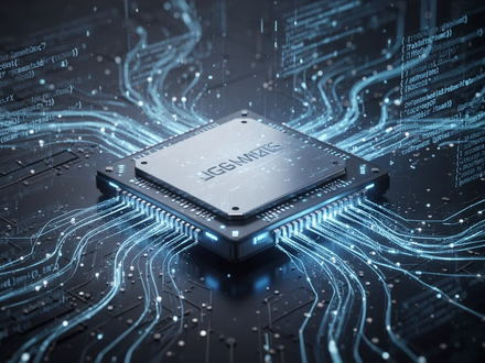 A glowing, futuristic computer chip with blue light and abstract digital elements, representing technology and data. - Foto: über boerse-global.de