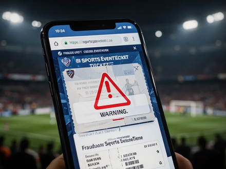 Ein Smartphone-Bildschirm zeigt eine betrügerische Ticket-Website für ein Sportevent, im Hintergrund verschwommen ein Stadion. - Foto: über boerse-global.de