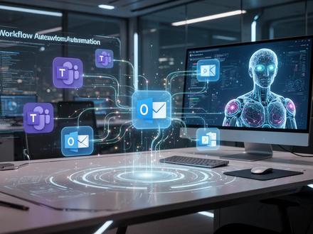 A holographic interface on a desk showing interconnected Microsoft applications and an AI agent icon, symbolizing automated work. - Foto: über boerse-global.de