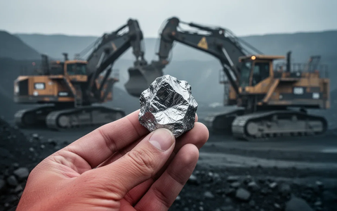 Eine Hand hält eine kleine, polierte Probe eines kritischen Metalls vor einem unscharfen Hintergrund einer Bergbauanlage. - Foto: über boerse-global.de