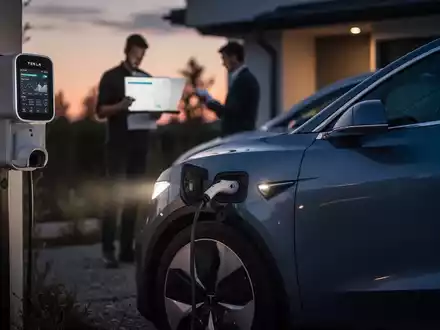Ein modernes Elektroauto lädt an einer heimischen Ladestation in der Dämmerung, im Hintergrund eine Person, die Finanzdokumente prüft. - Foto: über boerse-global.de