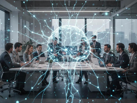 Eine futuristische Büroumgebung mit Menschen, die zusammenarbeiten, überlagert von einem stilisierten, leuchtenden neuronalen Netzwerk, das KI-Integration symbolisiert. - Foto: über boerse-global.de