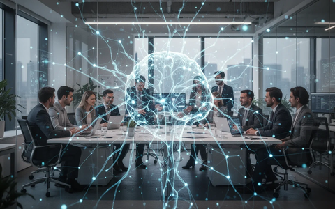 Eine futuristische Büroumgebung mit Menschen, die zusammenarbeiten, überlagert von einem stilisierten, leuchtenden neuronalen Netzwerk, das KI-Integration symbolisiert. - Foto: über boerse-global.de