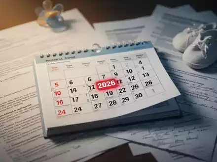 Ein Kalenderblatt mit einem hervorgehobenen Datum im Jahr 2026, umgeben von Gesetzestexten und einem Babyartikel. - Foto: über boerse-global.de