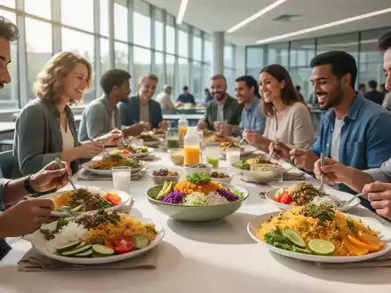 Menschen essen gesunde, farbenfrohe Mahlzeiten in einer modernen Kantine, mit Fokus auf frische Zutaten und Gemeinschaft. - Foto: über boerse-global.de