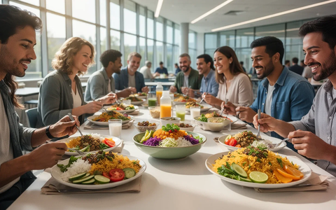 Menschen essen gesunde, farbenfrohe Mahlzeiten in einer modernen Kantine, mit Fokus auf frische Zutaten und Gemeinschaft. - Foto: über boerse-global.de