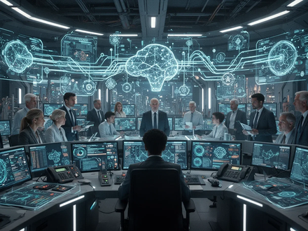 Eine futuristische Kontrollzentrale mit schimmernden Hologrammen und Datenflüssen, die KI-gesteuerte Prozesse in Energie und Fertigung zeigen. - Foto: über boerse-global.de