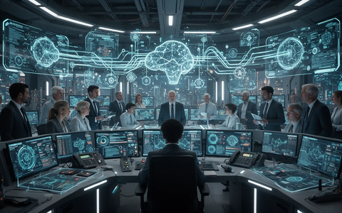 Eine futuristische Kontrollzentrale mit schimmernden Hologrammen und Datenflüssen, die KI-gesteuerte Prozesse in Energie und Fertigung zeigen. - Foto: über boerse-global.de