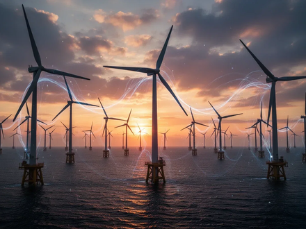 Offshore-Windpark in der Taiwanstraße bei Sonnenuntergang, Windturbinen vor dramatischem Himmel, symbolisiert einen Großauftrag für erneuerbare Energien. - Foto: über boerse-global.de