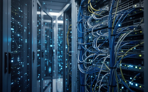 Eine Nahaufnahme von Serverracks mit blauen Lichtern und komplexen Kabeln, die Datensicherheit und Datenschutz symbolisieren. - Foto: über boerse-global.de