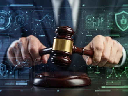 Eine Nahaufnahme einer Hand, die einen Holzhammer hält, über einer unscharfen digitalen Oberfläche, die Datenschutz und Recht symbolisiert. - Foto: über boerse-global.de
