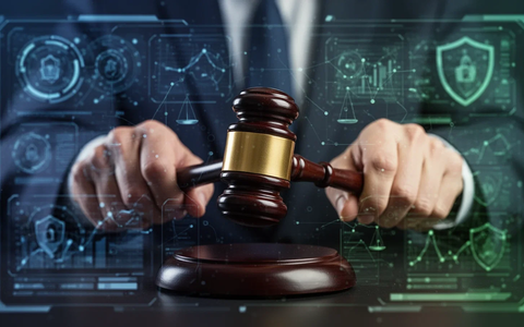 Eine Nahaufnahme einer Hand, die einen Holzhammer hält, über einer unscharfen digitalen Oberfläche, die Datenschutz und Recht symbolisiert. - Foto: über boerse-global.de