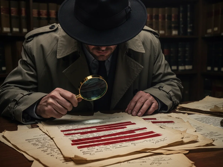 Eine Person im Trenchcoat untersucht geschwärzte Akten, umgeben von einer Aura der Geheimhaltung und staatlichen Vertraulichkeit. - Foto: über boerse-global.de
