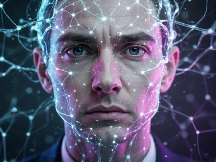 Ein futuristisches, leuchtendes neuronales Netzwerk überlagert ein leicht verzerrtes menschliches Gesicht, symbolisiert Deepfakes und KI-Regulierung. - Foto: über boerse-global.de