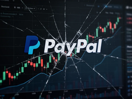 A downward-trending stock market graph with a subtly fractured PayPal logo, symbolizing selling pressure and a dip in shares. - Foto: über boerse-global.de