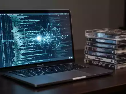 A modern MacBook Pro laptop displaying code next to a stack of DVDs, symbolizing the transition from old media to new tech. - Foto: über boerse-global.de