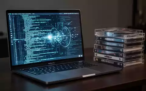 A modern MacBook Pro laptop displaying code next to a stack of DVDs, symbolizing the transition from old media to new tech. - Foto: über boerse-global.de