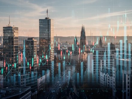 Eine Nahaufnahme einer Person, die auf einem Tablet Finanzdaten und Diagramme betrachtet, mit der Skyline von Saarbrücken im Hintergrund. - Foto: über boerse-global.de