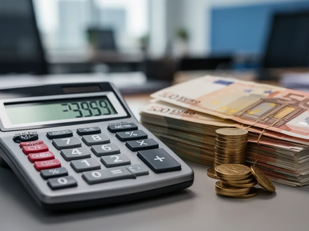 Ein Taschenrechner zeigt Zahlen, daneben liegen Euro-Banknoten und Münzen, die finanzielle Berechnungen und steigende Einkünfte symbolisieren. - Foto: über boerse-global.de