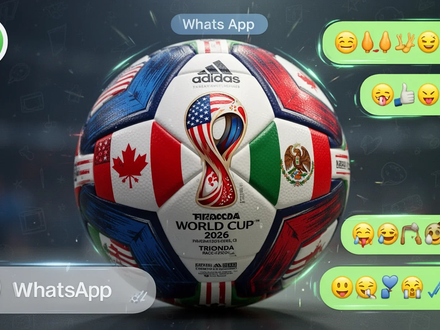 The Adidas Trionda FIFA World Cup 2026 match ball with symbols of the USA, Canada, and Mexico, integrated into a WhatsApp chat interface. - Foto: über boerse-global.de