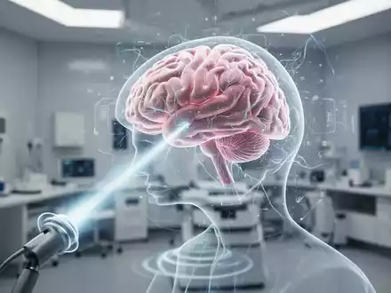 Eine Person betrachtet eine digitale Darstellung eines Gehirns, das von einem fokussierten Ultraschallstrahl behandelt wird. - Foto: über boerse-global.de