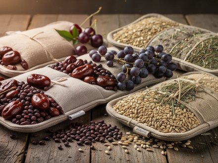 Nahaufnahme verschiedener Wärmekissen mit Naturfüllungen wie Kirschkernen, Traubenkernen und Getreide-Kräuter-Mischungen auf Holzuntergrund. - Foto: über boerse-global.de