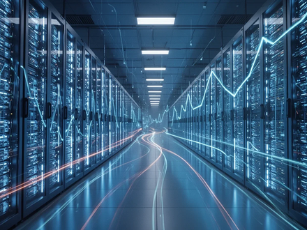 Ein futuristisches Rechenzentrum mit leuchtenden blauen Server-Racks, die sich in die Ferne erstrecken und technologische Infrastruktur symbolisieren. - Foto: über boerse-global.de