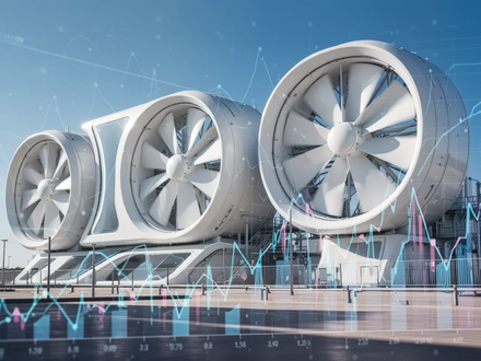 Eine futuristische Direct Air Capture (DAC)-Anlage mit großen weißen Ventilatoren unter blauem Himmel, die Kohlenstoffentfernung symbolisiert. - Foto: über boerse-global.de