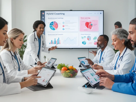 Eine Gruppe von Gesundheitsexperten nimmt an einer modernen Weiterbildung teil, interagiert mit Tablets und einem Bildschirm in einem hellen Raum. - Foto: über boerse-global.de