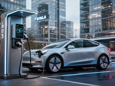 Ein modernes Elektroauto lädt an einer futuristischen Ladestation in einer europäischen Stadt, mit verschwommenen Gebäuden im Hintergrund. - Foto: über boerse-global.de