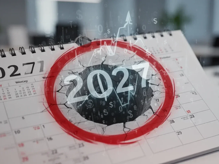 Ein Kalenderblatt für 2027 mit einem roten Kreis, der ein finanzielles Defizit symbolisiert, vor einem verschwommenen Bürohintergrund. - Foto: über boerse-global.de