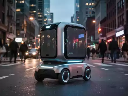 An autonomous delivery robot on a city street at dusk, with buildings and blurred traffic in the background. - Foto: über boerse-global.de