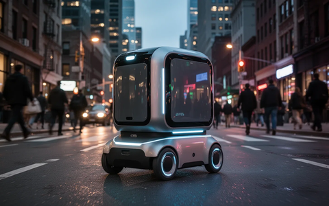 An autonomous delivery robot on a city street at dusk, with buildings and blurred traffic in the background. - Foto: über boerse-global.de