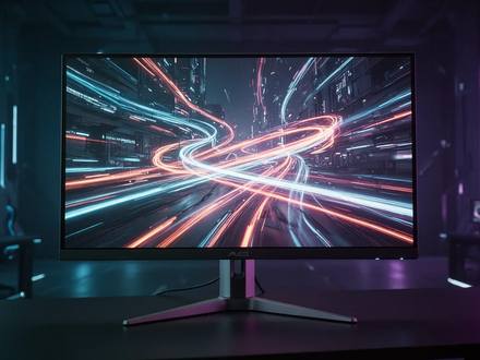 Ein futuristischer Gaming-Monitor mit leuchtenden, dynamischen Grafiken, umgeben von einem High-Tech-Ambiente. - Foto: über boerse-global.de