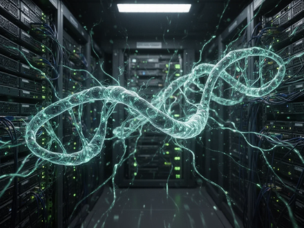Ein abstraktes, digitales Wurm- oder KI-Malware-Symbol, dargestellt als leuchtende neuronale Pfade, die eine Server-Infrastruktur infiltrieren. - Foto: über boerse-global.de