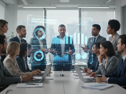 Eine diverse Gruppe von Geschäftsleuten diskutiert in einem modernen Büro über Gehaltstransparenz und Work-Life-Balance-Metriken. - Foto: über boerse-global.de