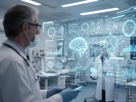 Eine futuristische medizinische Umgebung mit leuchtenden digitalen Schnittstellen, die Daten und KI-Algorithmen anzeigen, während ein Forscher sie beobachtet. - Foto: über boerse-global.de