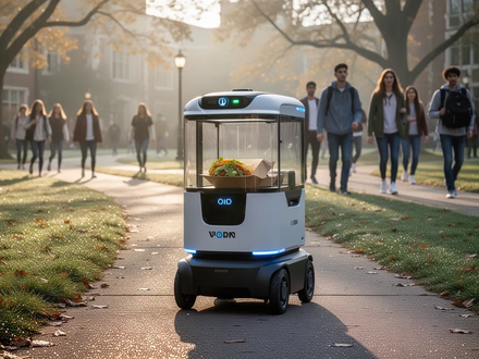 An autonomous food delivery robot on a university campus path, with blurred students and buildings in the background. - Foto: über boerse-global.de