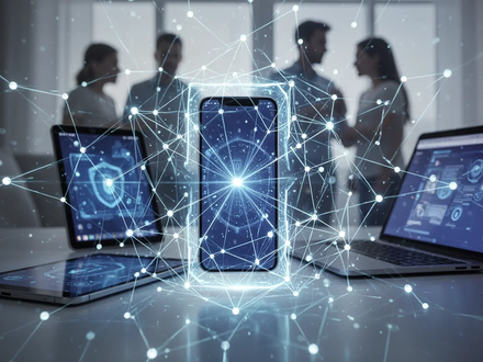 Eine abstrakte Darstellung digitaler Sicherheit, die ein Smartphone, Tablet und Laptop in einem schützenden Netz aus leuchtenden Linien umgibt. - Foto: über boerse-global.de