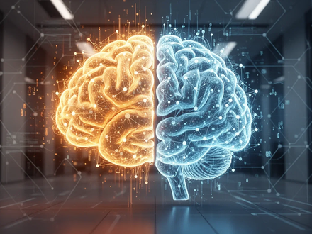 A glowing digital brain, with one side significantly larger and brighter than the other, symbolizing AI growth and enterprise adoption. - Foto: über boerse-global.de