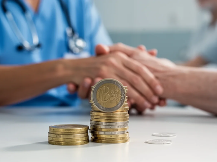 Nahaufnahme von Euro-Münzen, unscharf im Hintergrund sind die Hände einer Pflegekraft zu sehen, die die Hand eines Patienten hält. - Foto: über boerse-global.de
