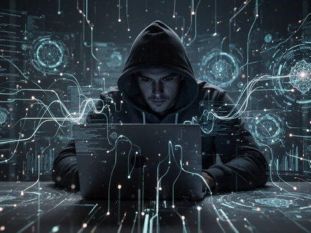 A shadowy figure uses a laptop, surrounded by glowing digital lines, representing the abstract nature of cybercrime and AI. - Foto: über boerse-global.de