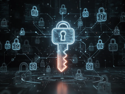 A stylized, glowing digital key emerging from a network of digital locks, symbolizing secure emergency access and strong authentication. - Foto: über boerse-global.de
