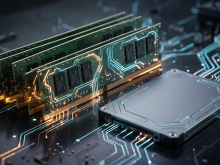 Close-up of RAM sticks and an SSD with glowing circuit traces, symbolizing rising memory costs and AI demand. - Foto: über boerse-global.de