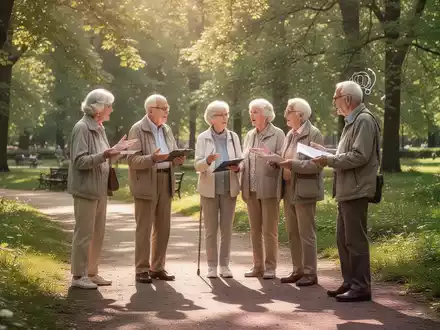 Ältere Menschen nehmen an einem geführten „Denkspaziergang“ im Freien teil, der körperliche Aktivität mit kognitiven Übungen verbindet. - Foto: über boerse-global.de