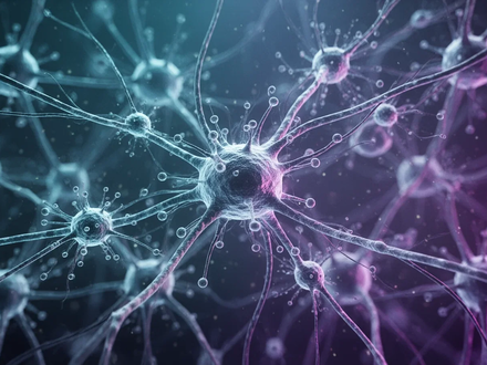 Nahaufnahme von Gehirnzellen, die in einem komplexen neuronalen Netzwerk interagieren, mit blauer und violetter Beleuchtung. - Foto: über boerse-global.de