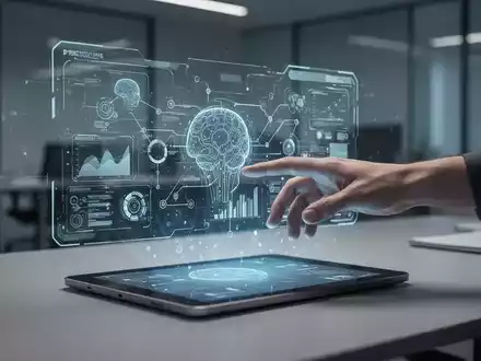 Eine futuristische Büroumgebung mit einer stilisierten Hand, die eine holografische KI-Schnittstelle berührt, die Daten und Arbeitsabläufe anzeigt. - Foto: über boerse-global.de